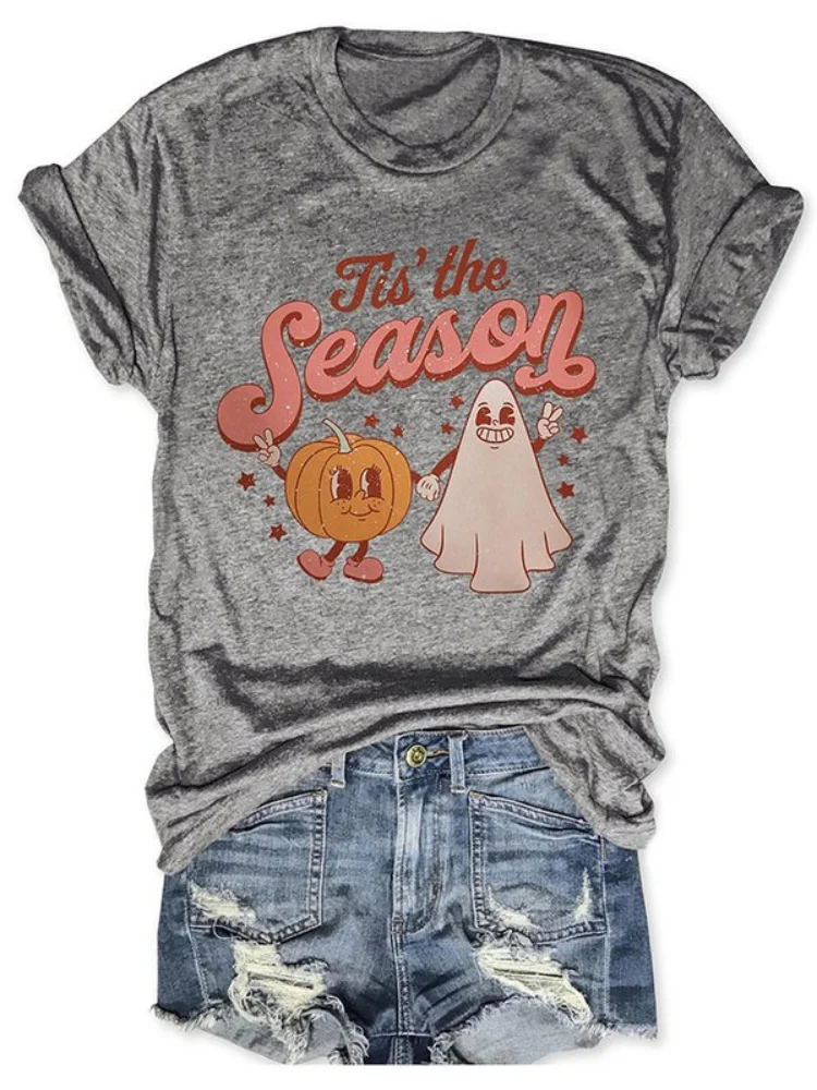 Tis The Season Halloween Pumpkin Ghost Print Crew Neck Casual T-Shirt