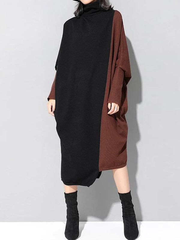 Casual Loose Split-Joint Contrast Color High-Neck Long Sleeves Dress