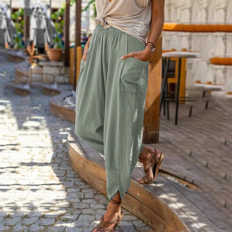 Women's Solid Color Casual Loose Pocket Cotton and Linen Pencil Pants