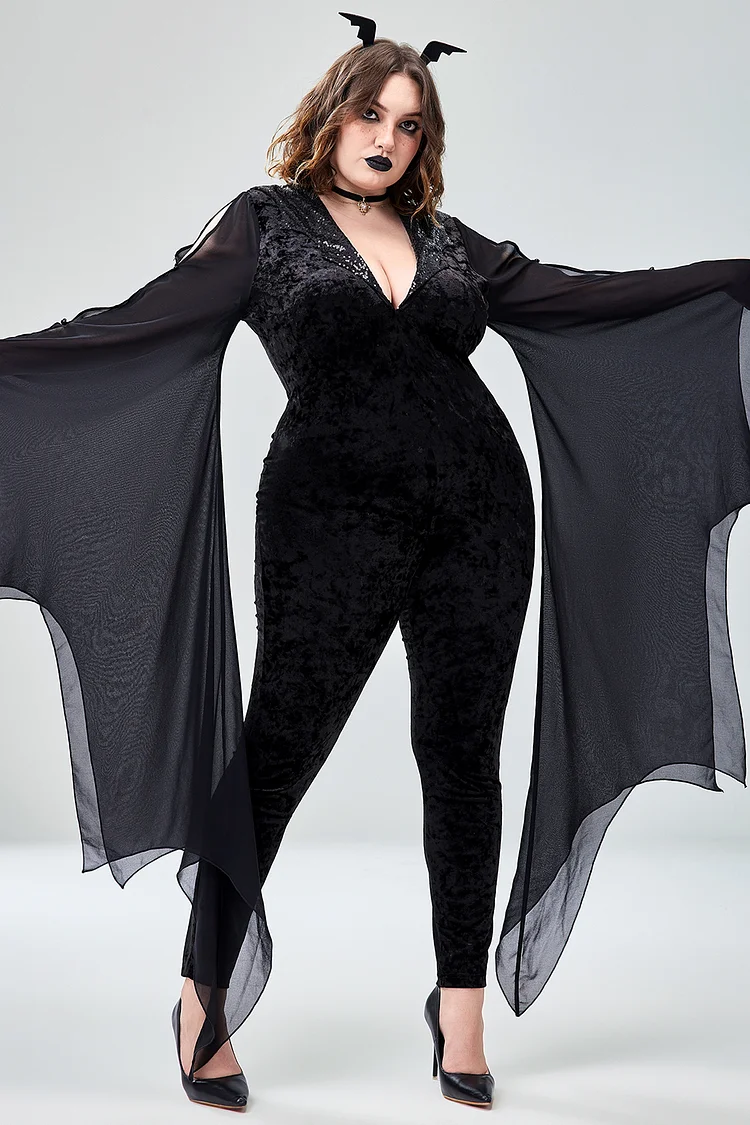 Xpluswear Design Plus Size Halloween Costume Black Midnight Bat Velvet Jumpsuit（Ships 24h） 2024 - Xpluswear