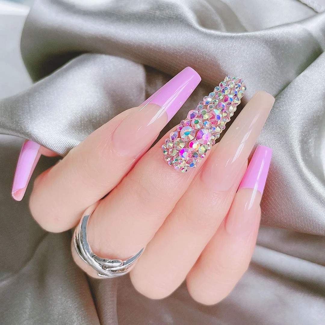 24pcs Rhinestone Long Ballerina False Nails With Designs Wearable Coffin Fake Nails Full Cover Press On Nail Tips DIY Accessory