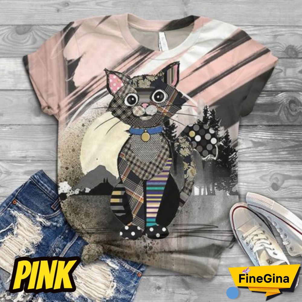Cute Cat Printed T Shirt Fashion Women O Neck Loose Top Family Casual Funny Animals Graphic Tee Short Sleeves Top Plus Size XS-5XL