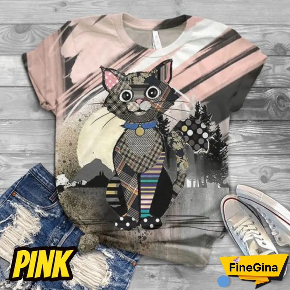 Cute Cat Printed T Shirt Fashion Women O Neck Loose Top Family Casual Funny Animals Graphic Tee Short Sleeves Top Plus Size XS-5XL