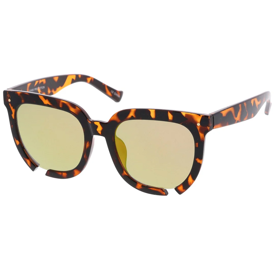 Oversize Notch Detail Square Colored Mirror Flat Lens Horn Rimmed glasses 54mm