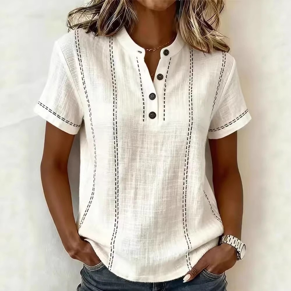 Women's Simple Stand Up Collar Color Blocked Linen Blend Shirt wearshes