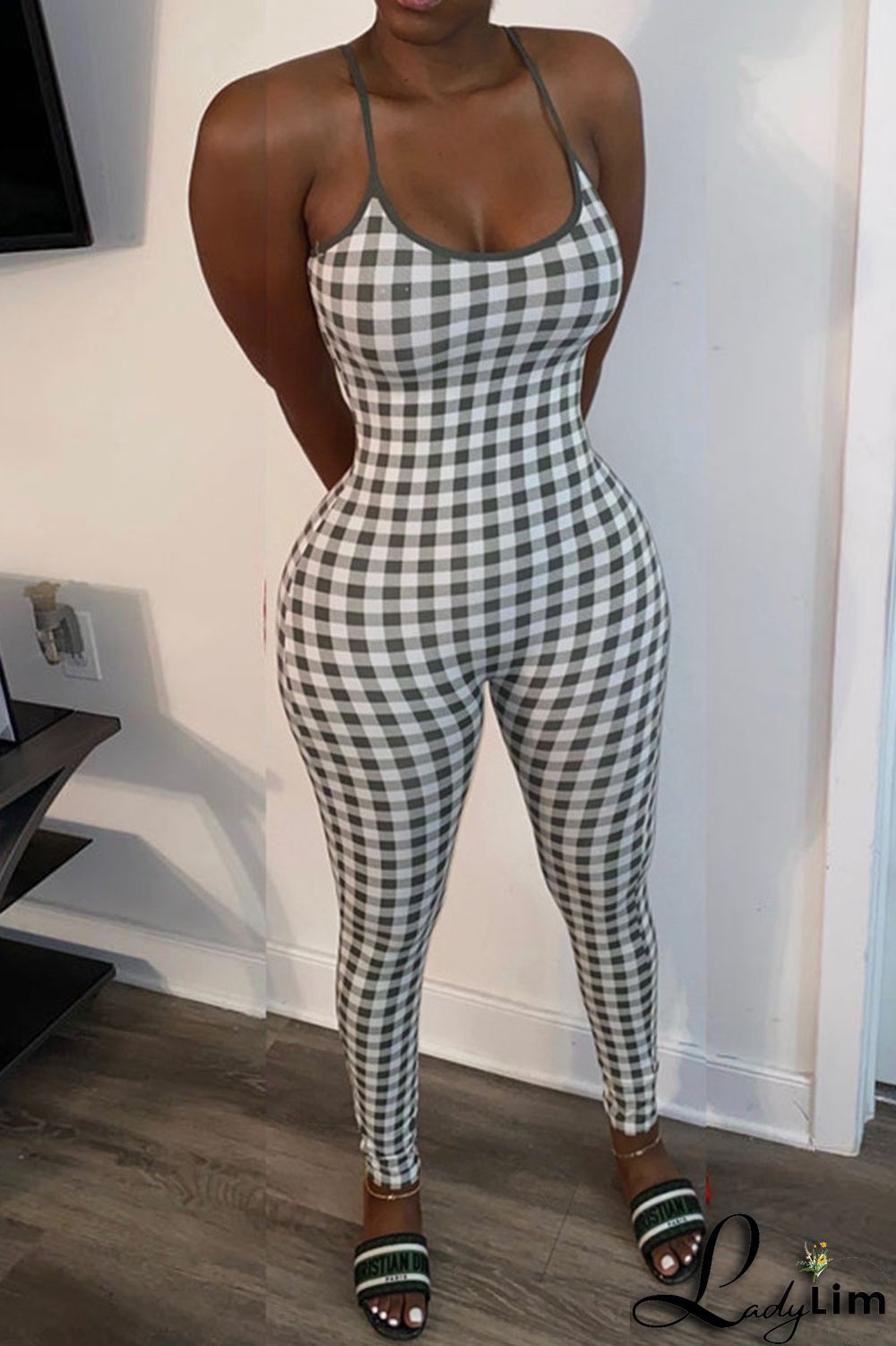 Red Sexy Plaid Print Split Joint Spaghetti Strap Regular Jumpsuits