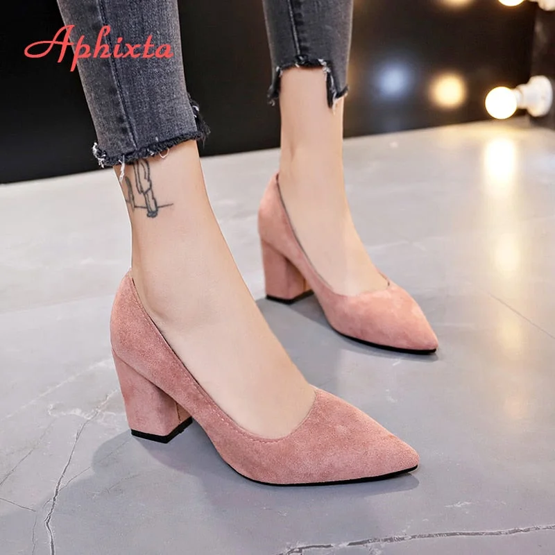 Aphixta Shoes Square Heel Women Pointed Toe Pumps Fashion Gray High Heels Flock Leather Black Party Shoes Plus Big size 47 48 50