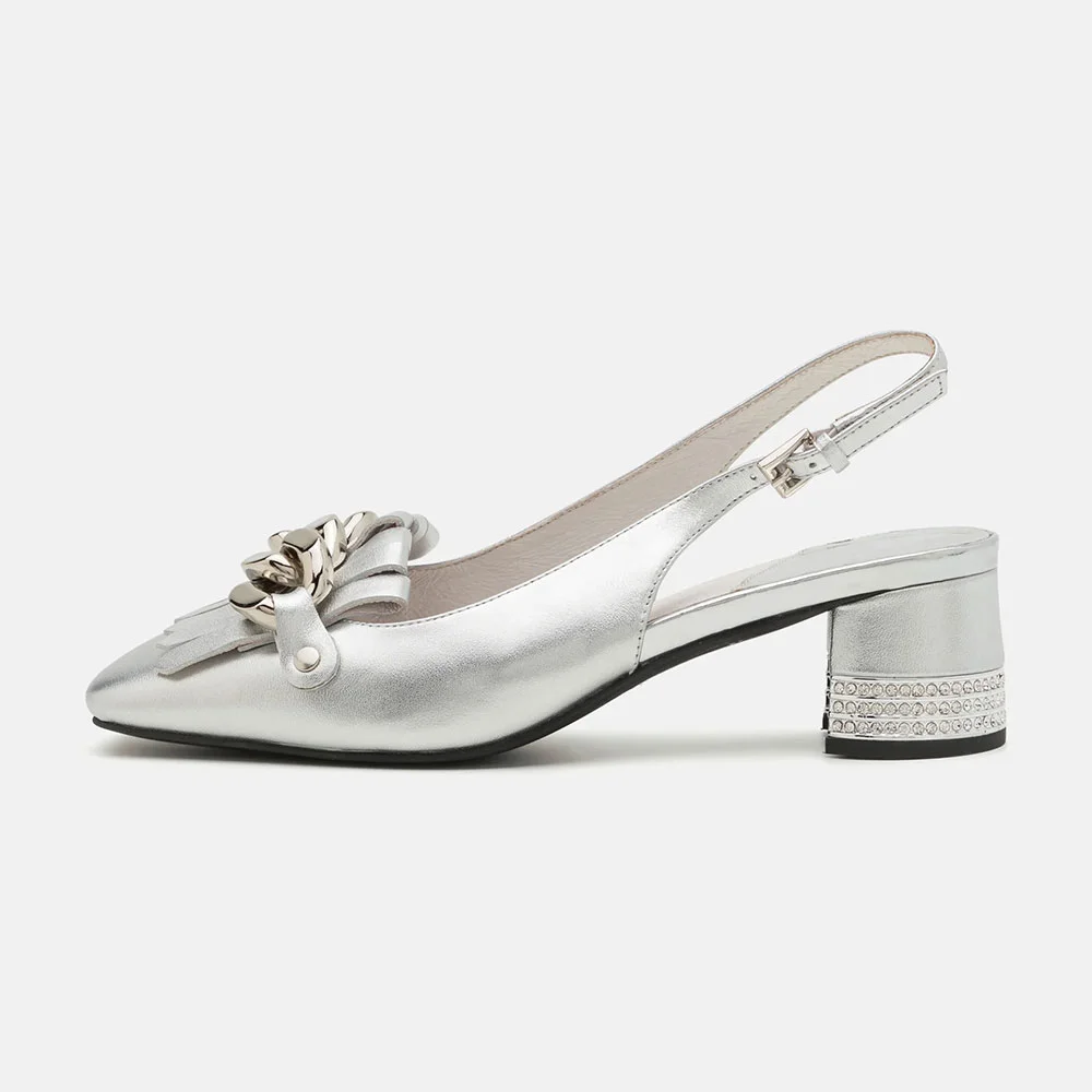 Silver Square Toe Chain Fringe Slingback Pumps with Rhinestone