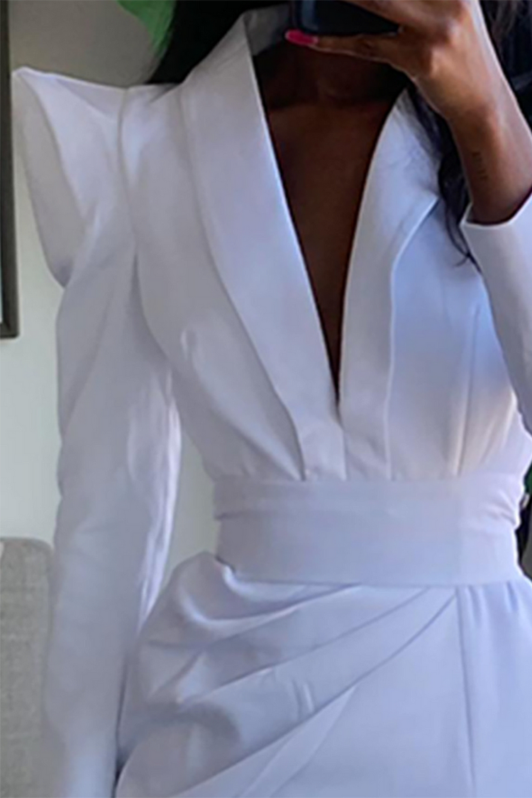 Shoulder Pads Long Sleeve Deep V Neck High Slit Party Maxi Dresses-White