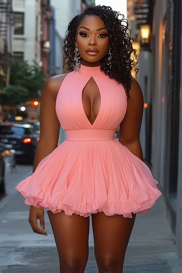 Keyhole Halter Neck A-Line Birthday Party Mini Tulle Dresses-Pink [Pre Order]