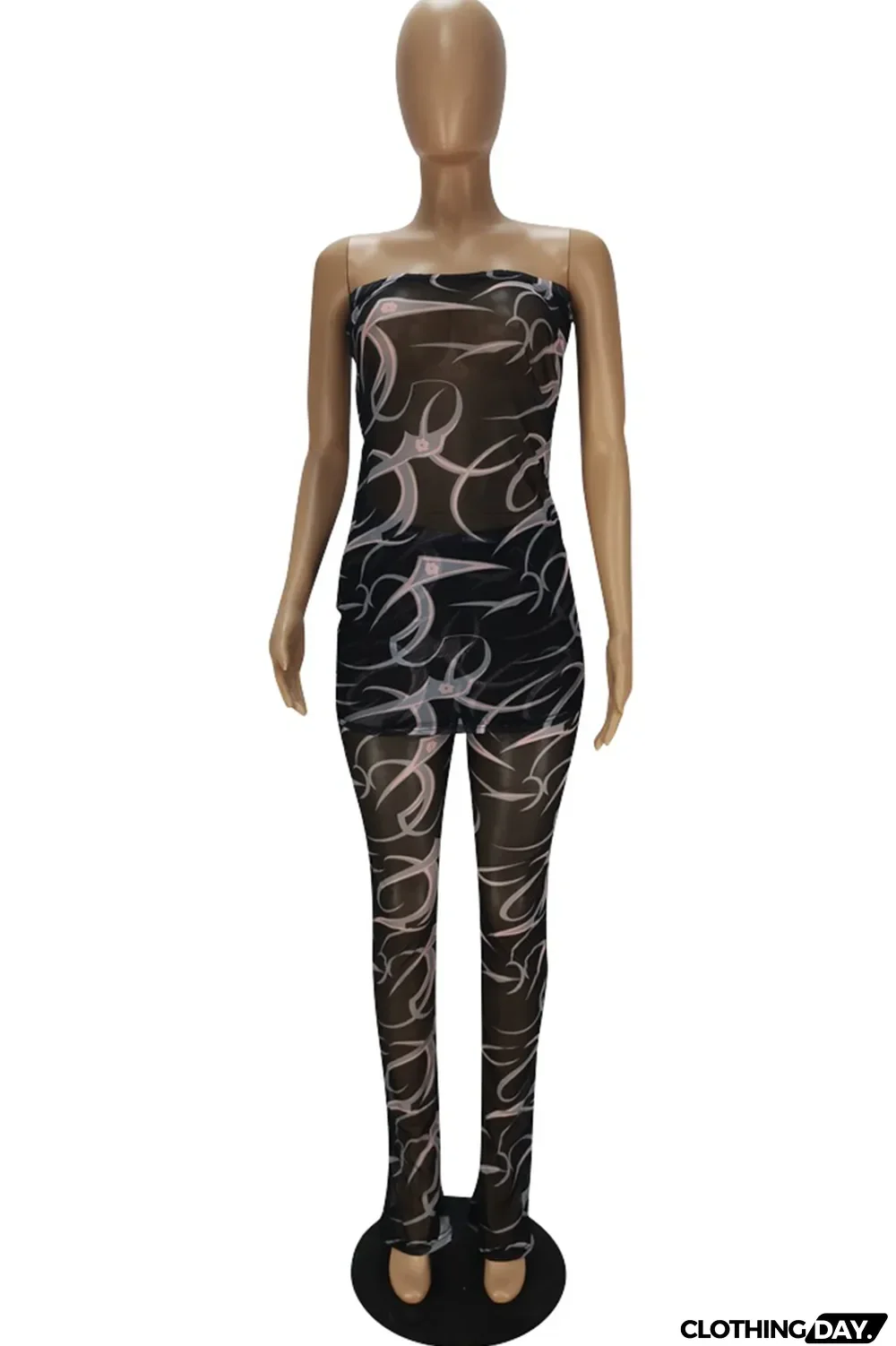 Black Sexy Print Split Joint Strapless Sleeveless Two Pieces