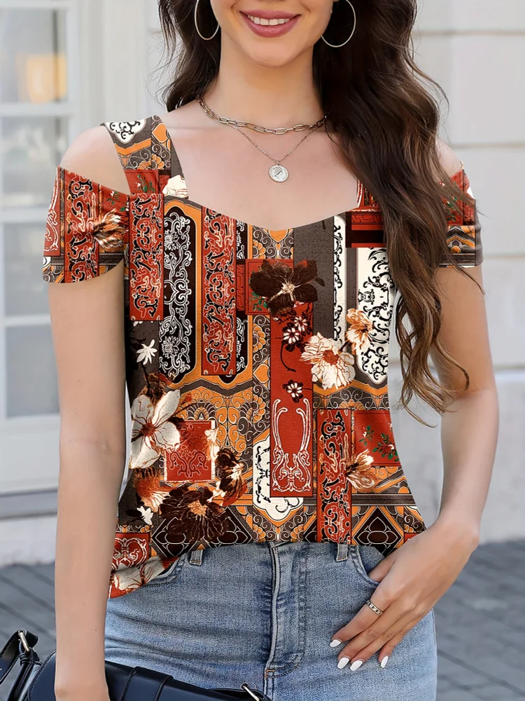 Summer Sexy Cold Shoulder Top | Trendy V Neck Pleated Blouses Dressy Casual Loose Fit Printed Shirts For Women