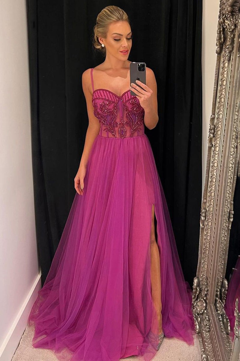 Bellasprom Hot Pink Tulle Prom Dress Spaghetti-Straps With Bead Bellasprom