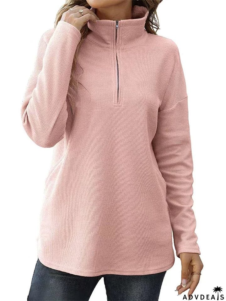 Winter Daily Zipper Long Sleeve Women Tops with Pockets