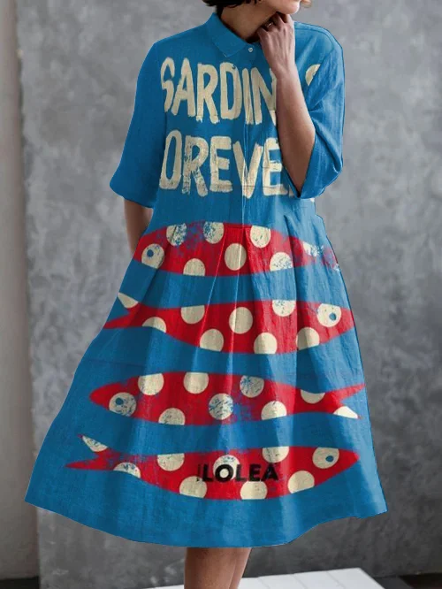Holiday Red Sardines Print Casual Pocket Half Sleeve Dress
