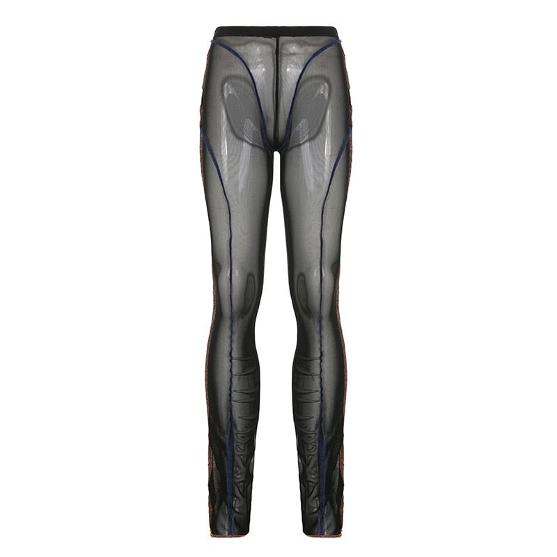 BIIKPIIK Rework Line Decoration Mesh Black Trouser For Women Transparent Mesh Bodycon Pencil Pant Sexy Casual Fashion Streetwear