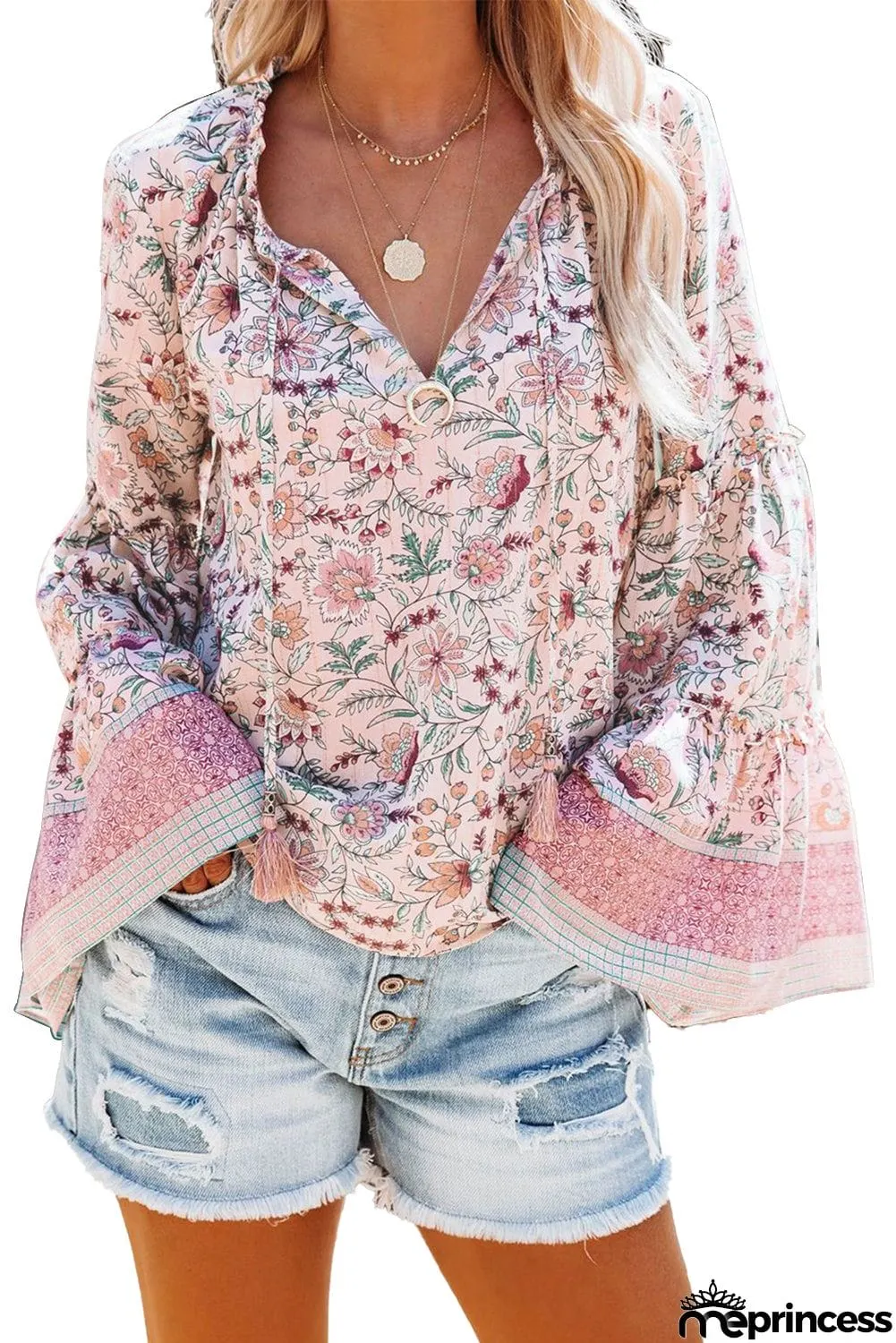 Floral Print V Neck Drawstring Flared Sleeve Top
