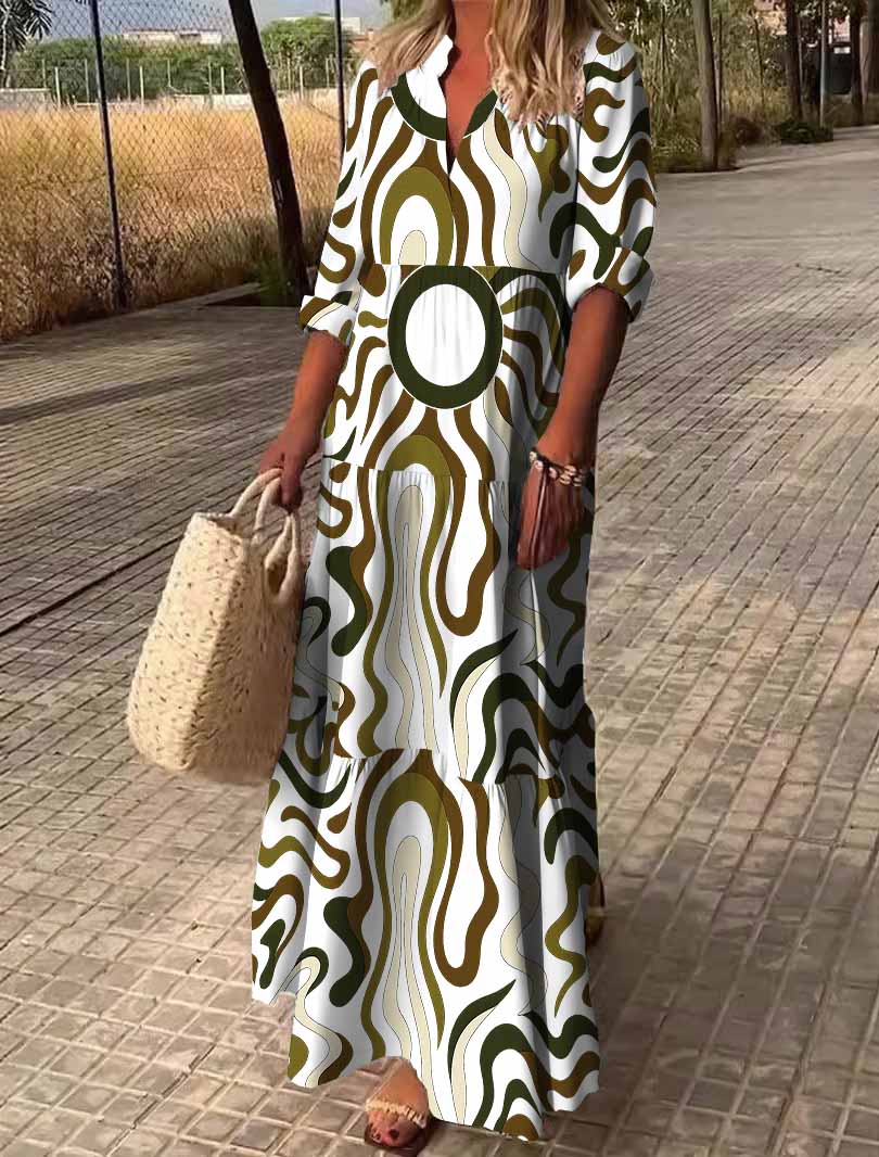 Women Abstract, Black, Brown DZDN0168 SPU Printed Long Sleeve V-neck Maxi Dress