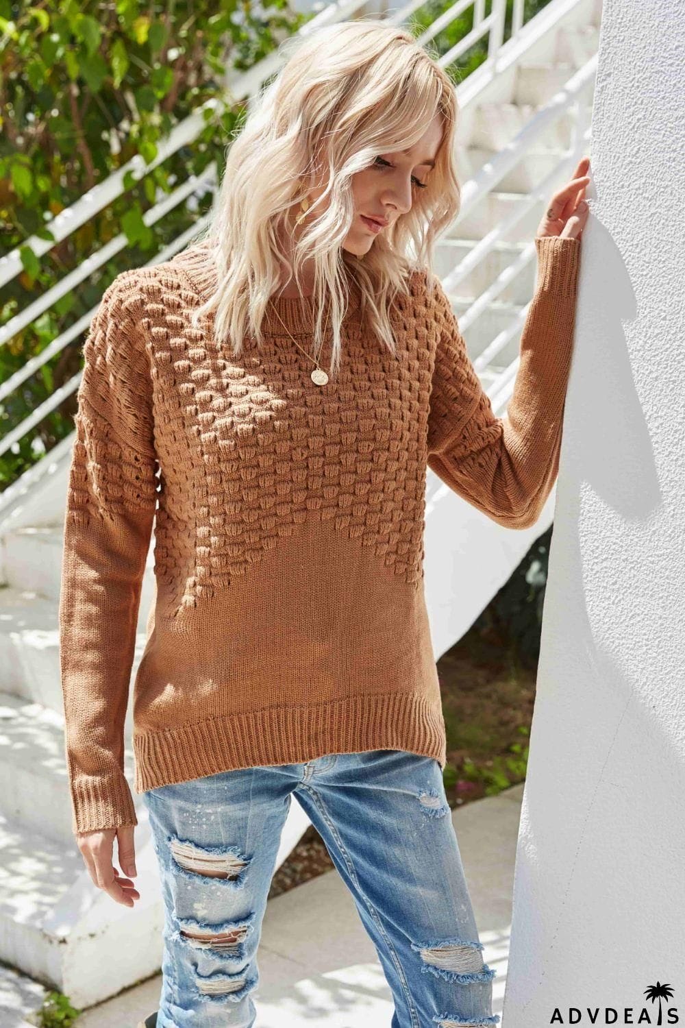 Pom-Pom Drop Shoulder Ribbed Trim Sweater