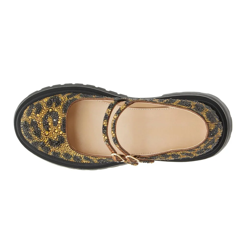 Brown & Black Round Toe Rhinestone Leopard Print Platform Mary Janes