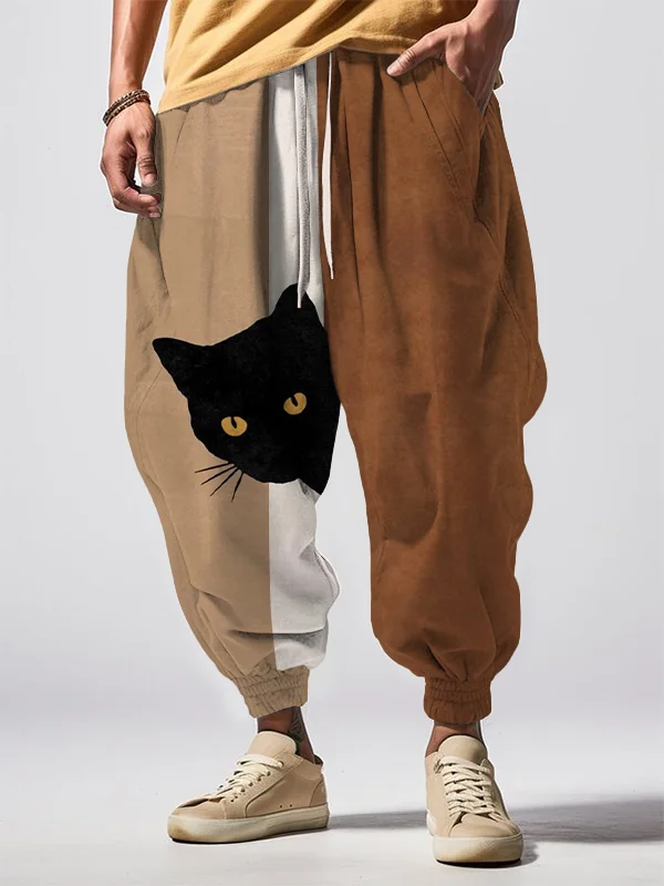 Men's Fun Hide And Seek Black Cat Print Loose Drawstring Sweatpants