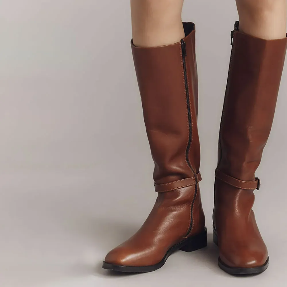 Round Toe Chunky Heel Buckle Side Zipper Tall Boots for Women in Brown