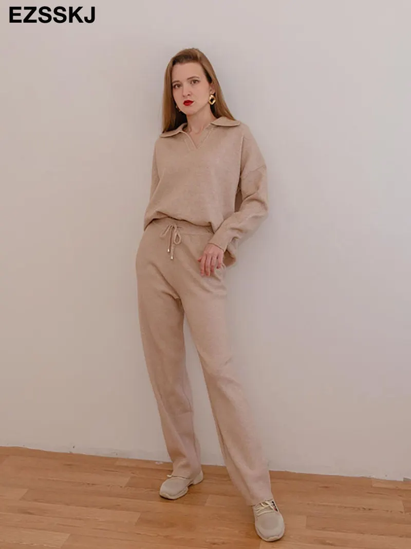2 Pieces Set Women oversize Tracksuit polo collar Sweater Pullover straight pants Sweater Set CHIC Knitted Outwear sweater suit