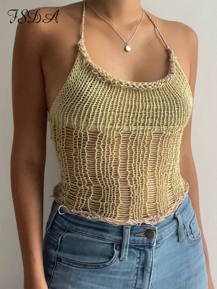 Knitted Halter Neck Y2K Crop Top Backless Women Green Casual Spaghetti Strap 2022 Summer Tank Tops Sexy Sleeveless Cami