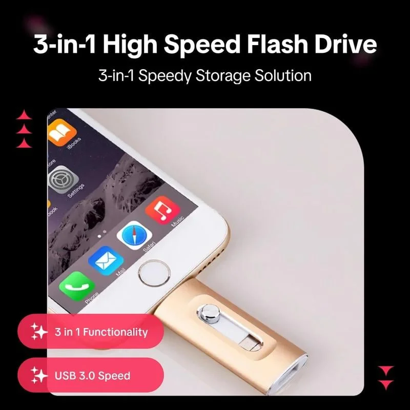 ⚡3 in 1 Flash Drive, Portable High Speed USB 3.0 Memory Storage, OTG Flash Pen Drive with Free Type-C Adapter for Android Phones/PC and More Devices