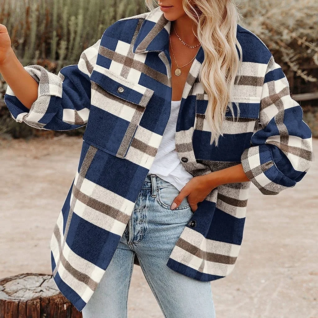 Women's Jacket Plaid Flannel Long Sleeve Button Down Coat