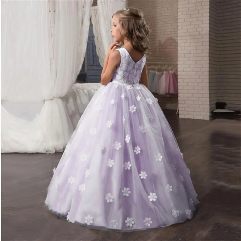 Fancy Flower Long Prom Gowns Teenagers Kids Dresses For Girls Children Party Dress Princess Bridesmaid Wedding Formal Costume