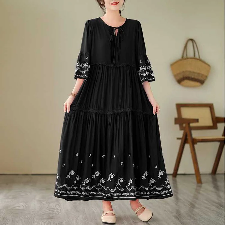 Ethnic Style Embroidered Mid-sleeve Maxi Dress