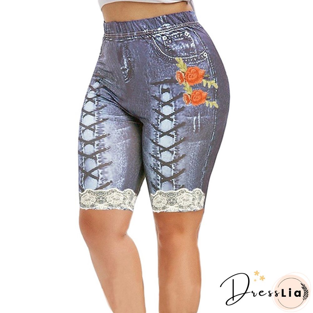 Women Lace Up Floal Print Faux Faux Denim Shorts Casaul Slim Fit Capri Shorts Leggings