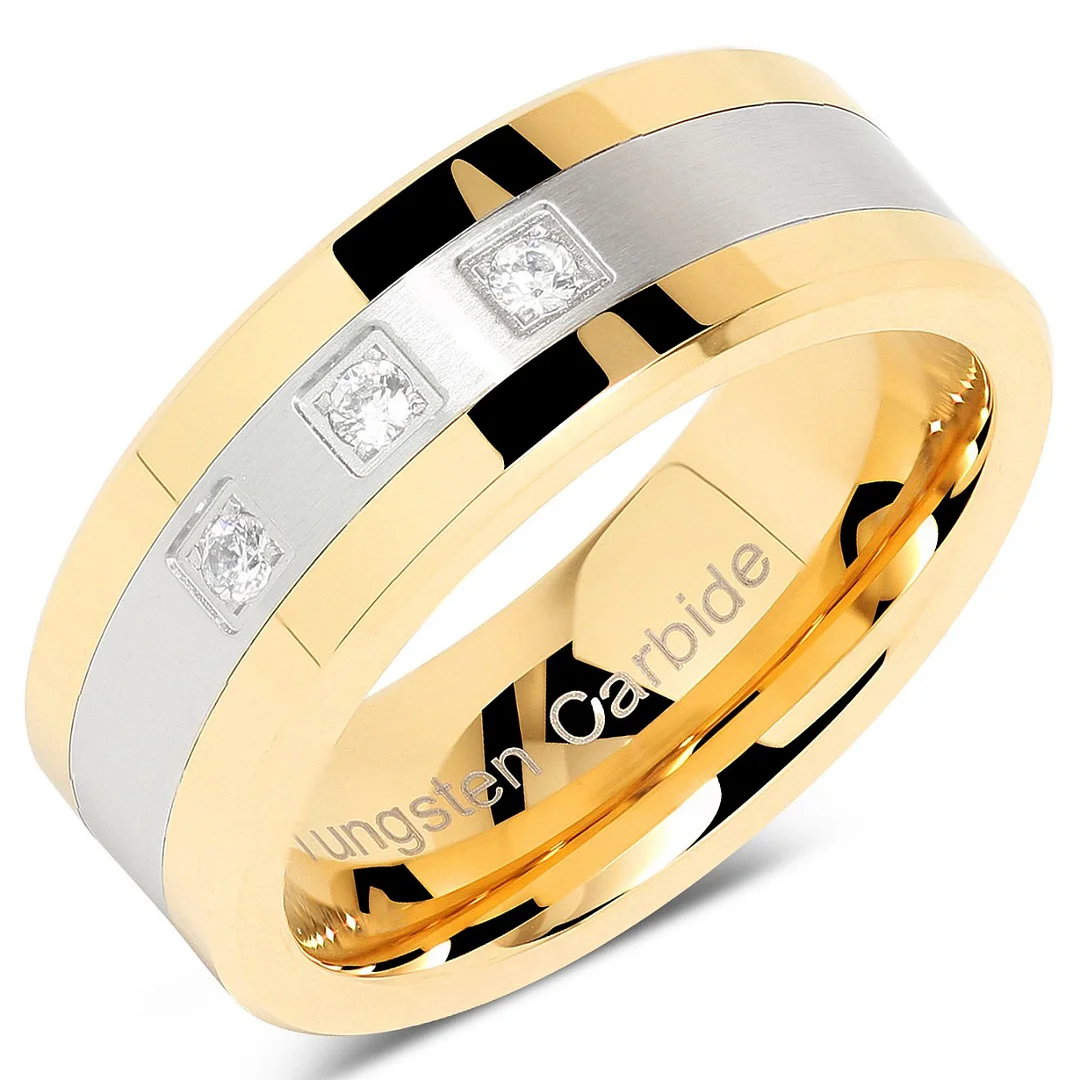 6MM 8MM Mens Women Tungsten Gold Silver Crystal Wedding Bands Two Tone 3 CZ Stone Promise Marriage Couple