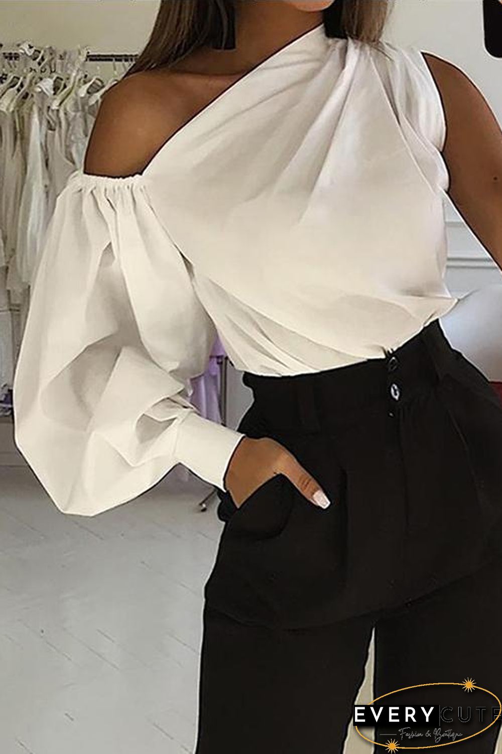 One Shoulder Puff Sleeve Blouse