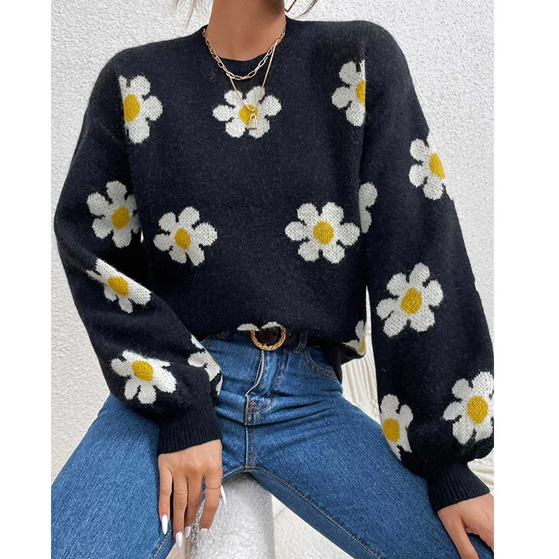 Mongw Mongw And Winter New Women's Fashion Sweater Long Sleeve Loose Knit Jumper Round Collar Small Autumn Chrysanthemum Women's Type Sweater