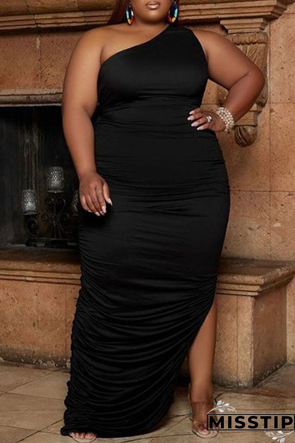 White Fashion Casual Plus Size Solid Slit Fold One Shoulder Long Dress