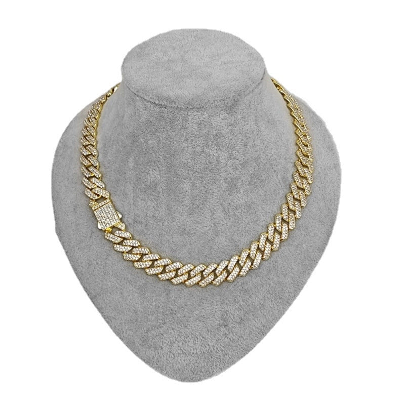 Hip-hop 14mm Full Diamond Men’s Encrypted Diamond Cuban Chain Necklace Hipster Exaggerated Domineering Clavicle Chain Accessories