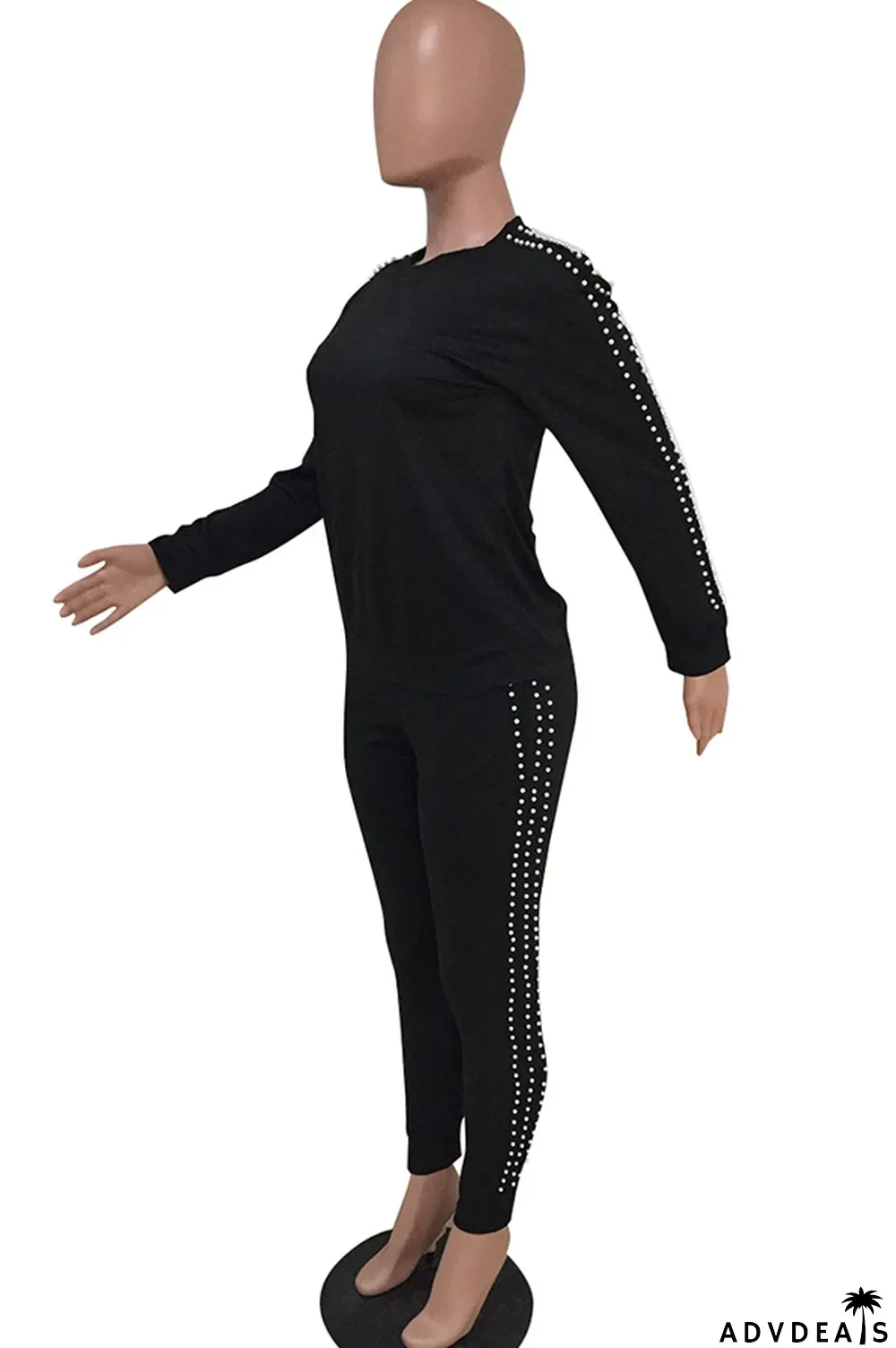 Black Casual Beading Solid Two Piece Suits Patchwork pencil Long Sleeve Two-piece Pants Set