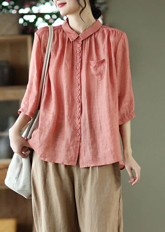 Art Khaki Peter Pan Collar Button Linen Shirt Summer