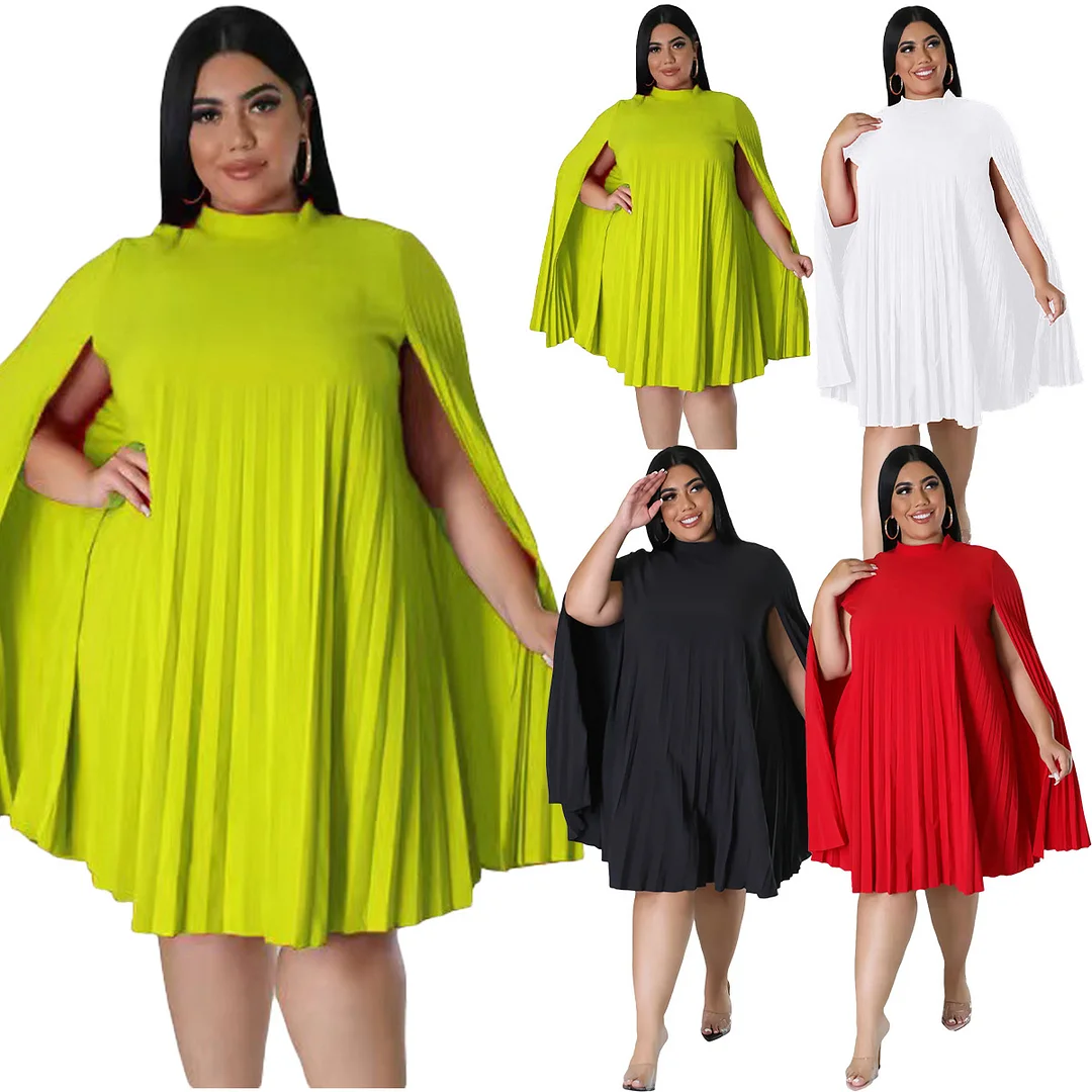 Fashion Casual All-match Loose Solid Color Plus Size Pleated Dress | IFYHOME
