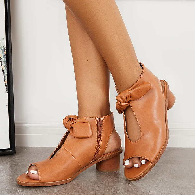 Bowknot Slingback Sandals Peep Toe Chunky Heel Ankle Boots