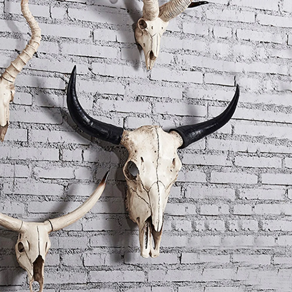 Resin Longhorn Cow Skull Head Wall Decorations Ornament 3D Figurines Crafts