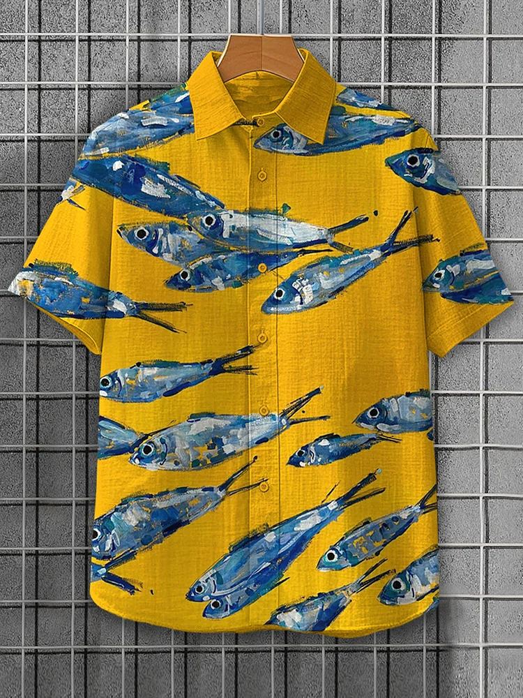Men's Oil Painting Fish Printed Short Sleeve Shirt