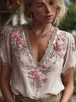 Bohemian Retro Pink Floral Pattern Women's Short-sleeve Top