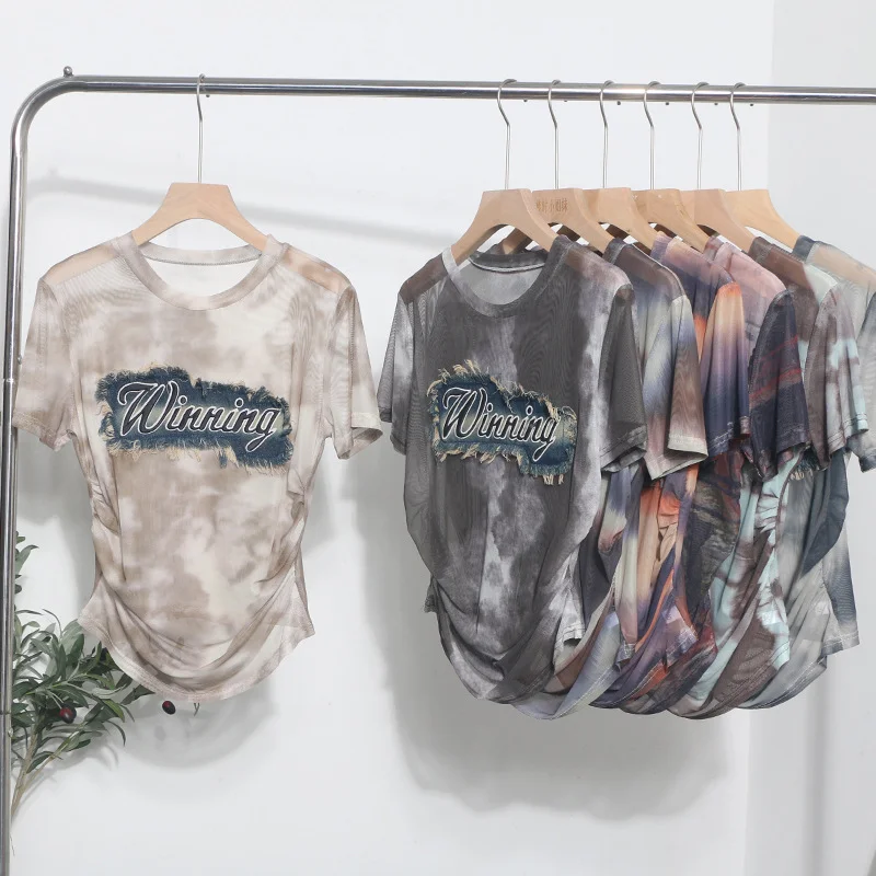 Churchf Real Shooting Embroidery With Straight Shoulder Short-Sleeved Mesh T-Shirt Fold Irregular Perspective Hood Top 25821