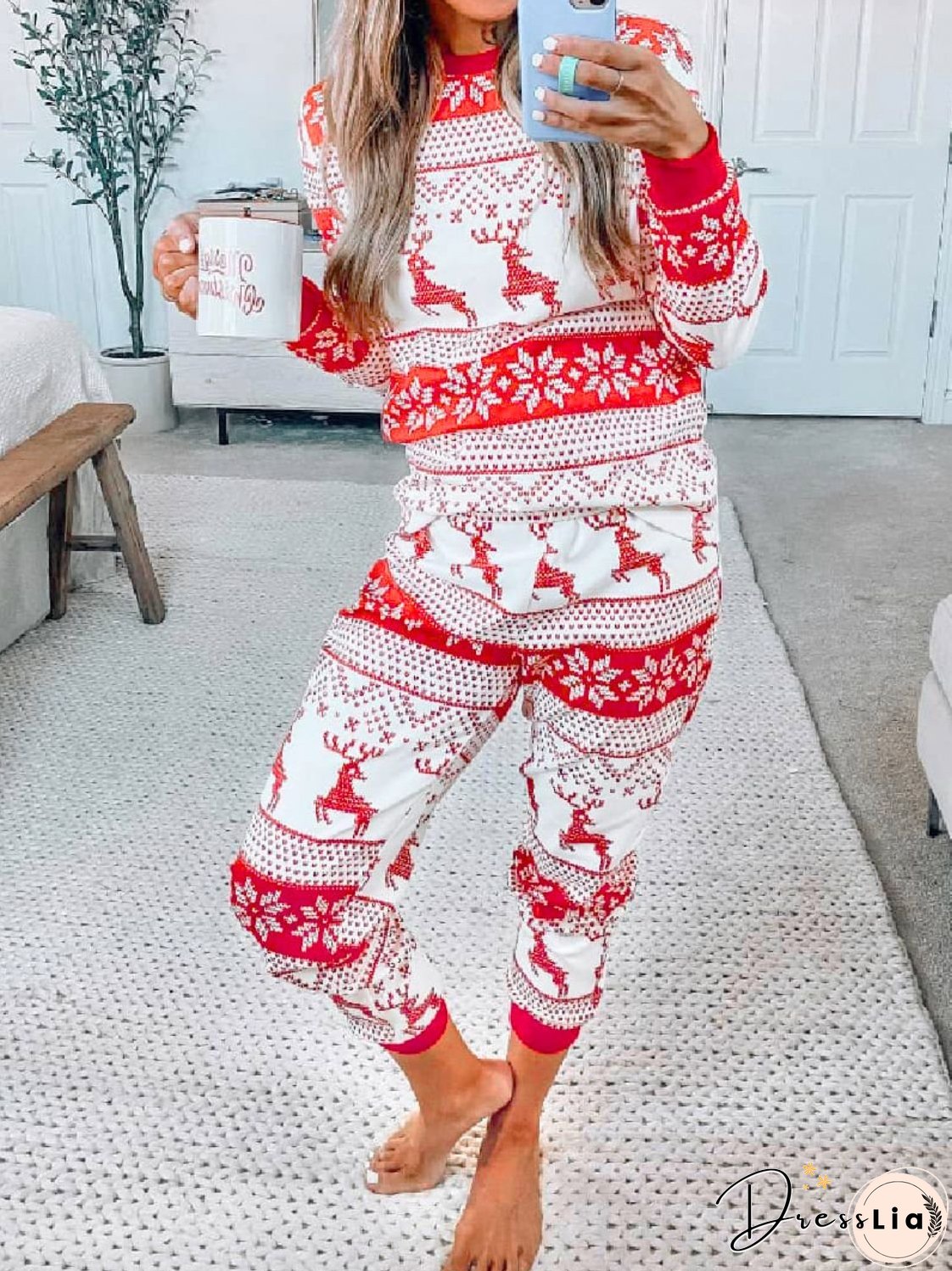 Full Size Christmas Element Round Neck Top and Pants Set