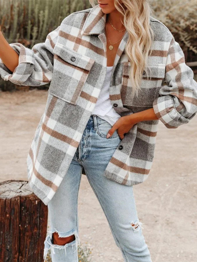Women's Long Sleeve V-neck Plaid Graphic Printed Coats