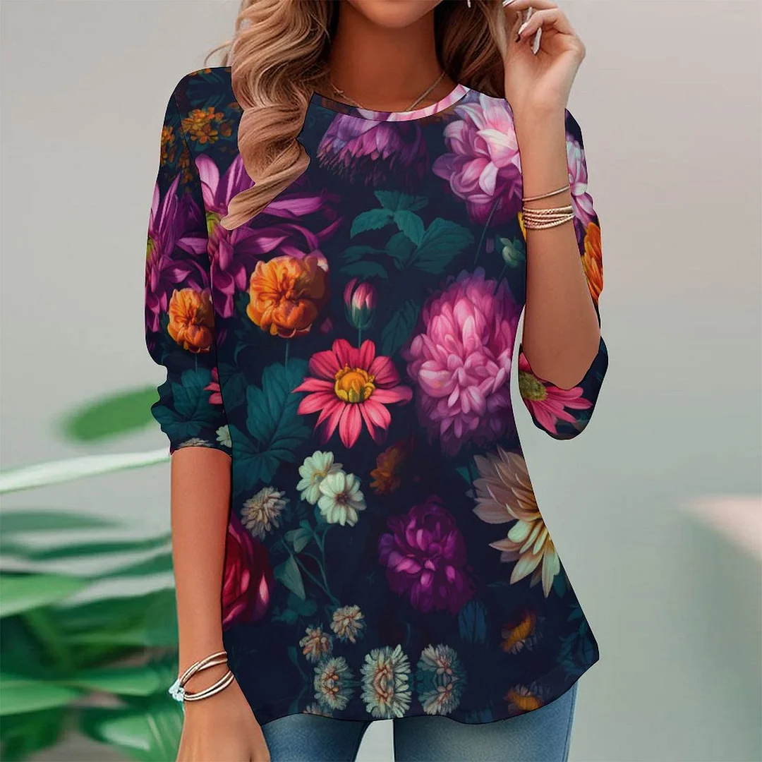Women plus size clothing Full Printed Long Sleeve Plus Size Tunic for  Women Pattern Flowers-Nordswear