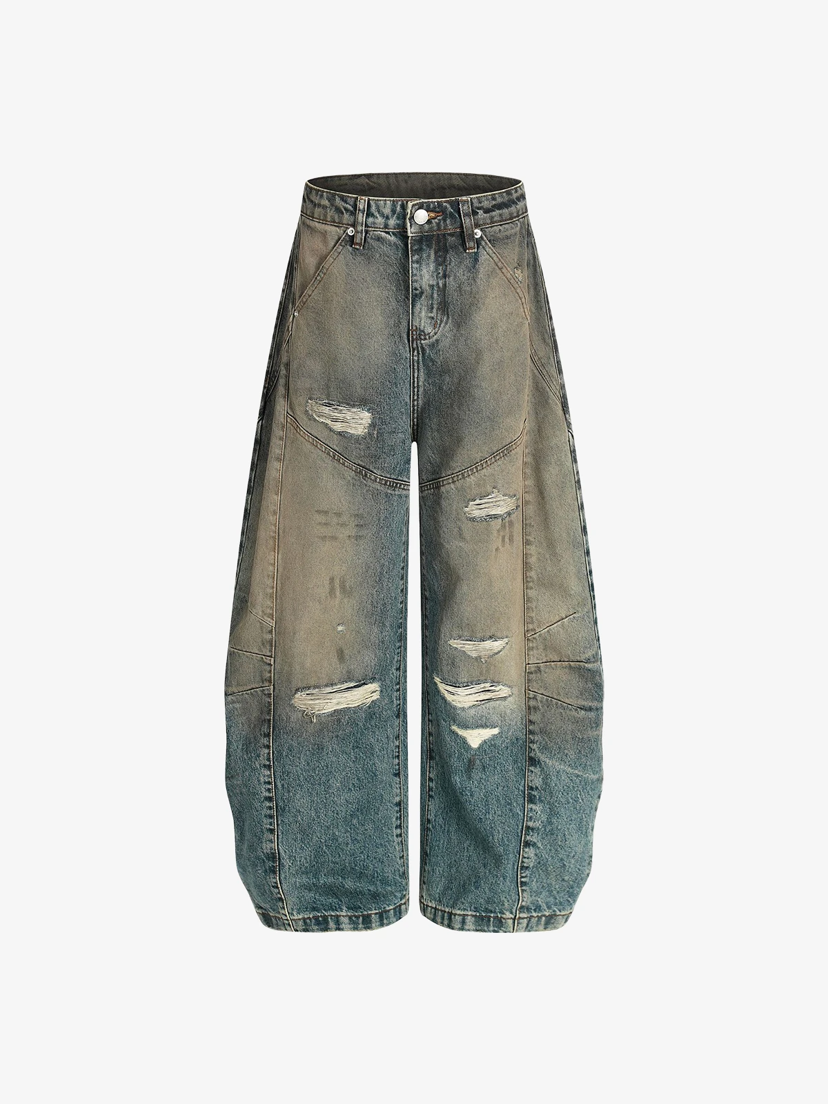 Blue Actchic Distressed Wrinkled Patchwork Washed Jeans Front